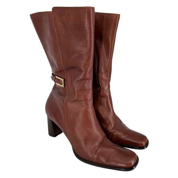 Anne Klein Mid Calf Leather Boots High Heel Brown Modern Classic Size 8M Luxury - Picture 2 of 15
